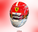 An autographed red and white Ferrari racing helmet with sponsor logos including HP, Vissler, and Quiksilver, displayed against a pink gradient background.